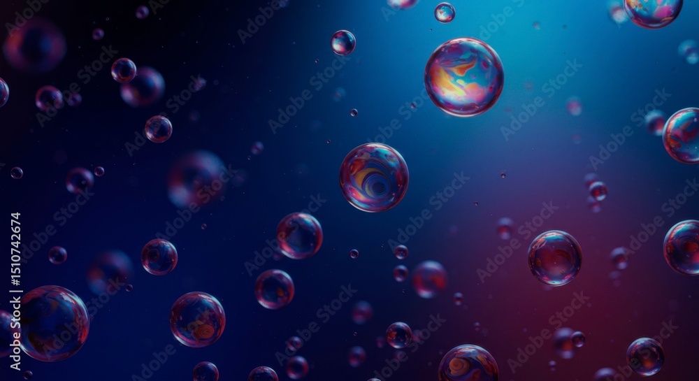 Poster numerous iridescent spheres float against a gradient of deep blue and red hues, capturing light