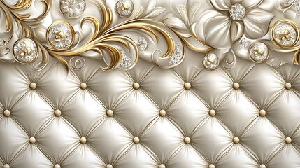 Luxurious cream tufted fabric design with gold accents