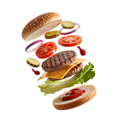 Delicious Juicy Burger Exploding with Fresh Ingredients Lettuce Tomato Onion Pickles Cheese Patty Bun