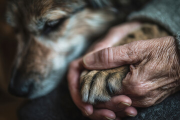 A heartwarming image of an elderly person gently holding a puppy's paw, symbolizing love, companionship, and the special bond between humans and animals.