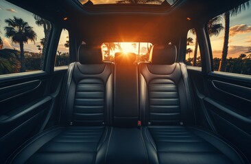 Car interior, black leather seats with visible stitching detail, front and rear view of the back seat in an SUV, illuminated by natural light from outside through large windows