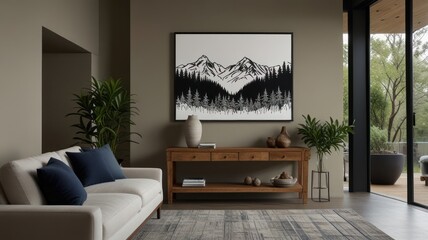 Modern living room featuring a framed mountain landscape print