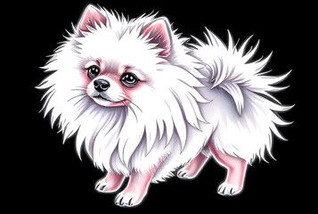 Adorable artistic illustration of a fluffy white Pomeranian dog with expressive eyes and soft fur