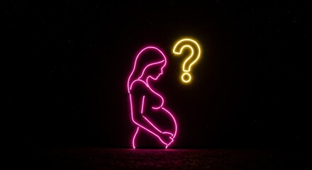 Neon artwork depicting a pregnant woman, subtly illuminated against a dark background, with a question mark beside her