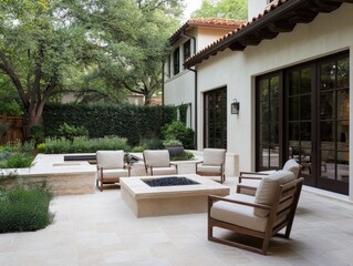 Serene backyard with outdoor furniture and fire pit during daytime