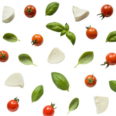 Fresh Mozzarella Cheese Slices Tomatoes Basil Leaves Black Background Food Pattern