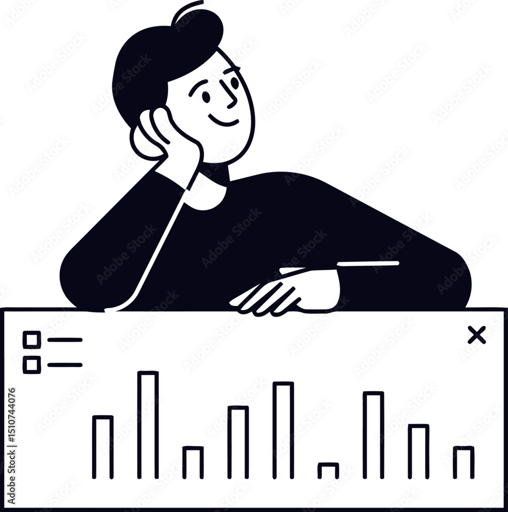 Poster man analyzing data charts and graphs looking at business growth strategy and market trends analysis 