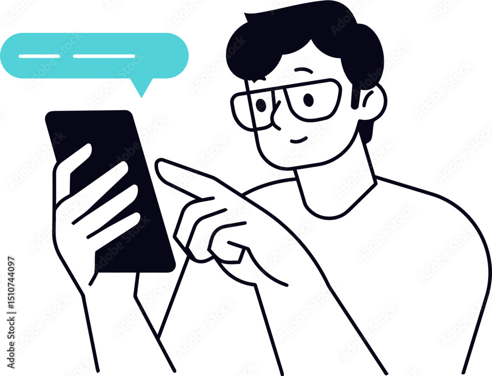 Poster man using smartphone sending message cartoon character with glasses and speech bubble illustration a
