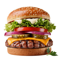 Juicy Cheeseburger with Lettuce, Tomato, Onion, and Pickles on a Sesame Seed Bun