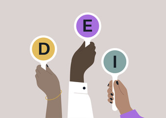 Hands of diverse individuals proudly hold up colorful signs displaying DEI, symbolizing a commitment to fostering inclusion in workplaces and communities during a workshop