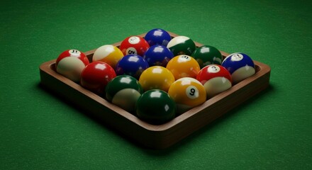 A wooden rack holds fifteen billiard balls, arranged on a green felt-covered table. Ready for a game