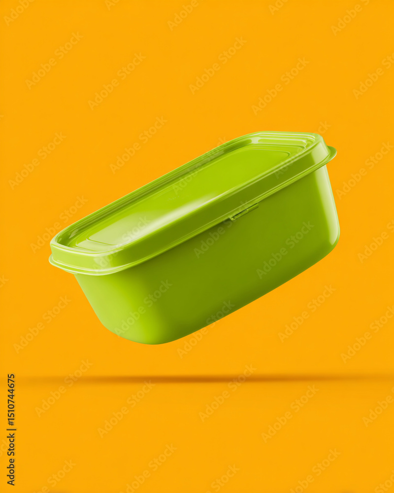 Poster a green plastic container with a lid on a yellow background in a studio product shot with soft light