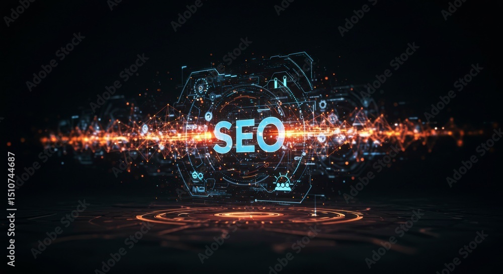 Poster digital seo representation. futuristic interface featuring glowing 