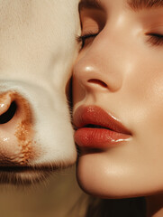 Close-Up of Woman and Calf – Intimate Moment and Natural Beauty