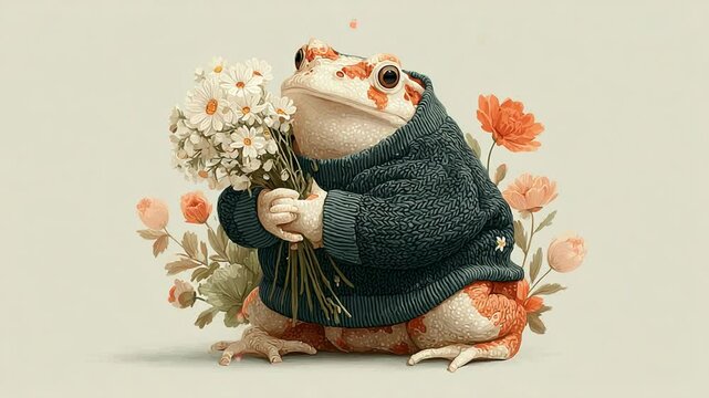 Adorable frog wearing a sweater holding daisies flowers, cute animal in clothes, whimsical design