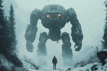 A mech pilot inside a massive robotic exosuit silhouette