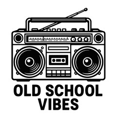 Monochrome vector illustration of an old-school boombox with the text "OLD SCHOOL VIBES", ideal for themes of music, retro, or nostalgia.
