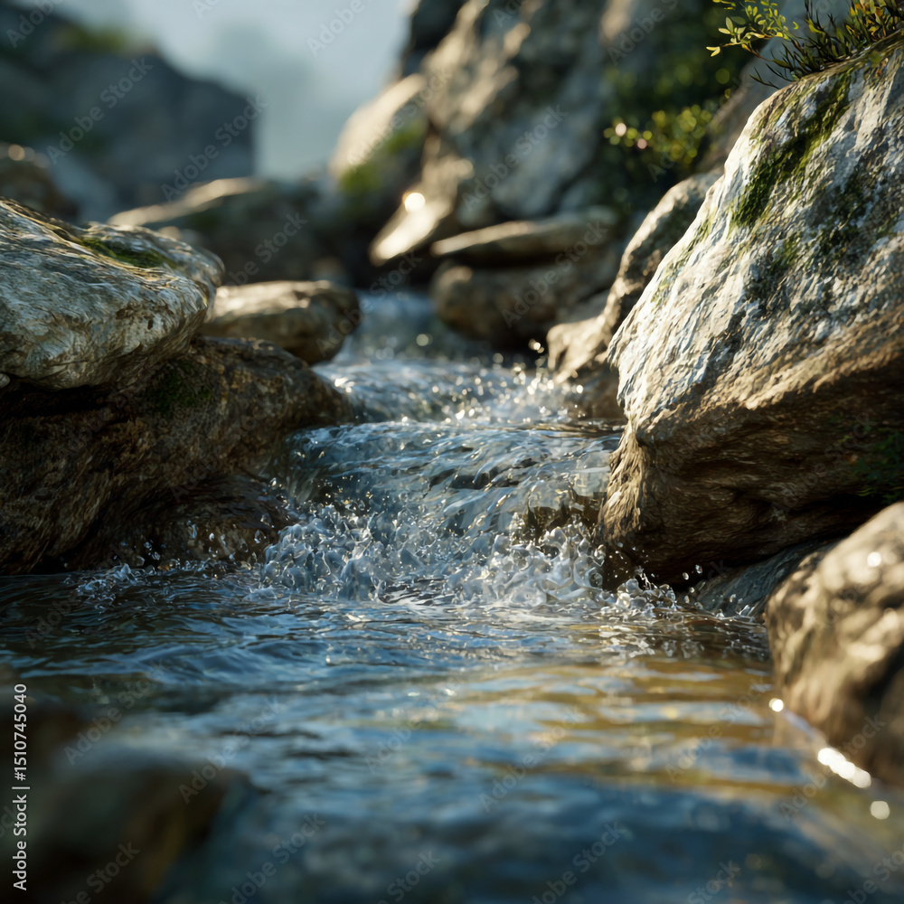 Poster a stream flowing between rocks with moss and vegetation on the side in a natural environment