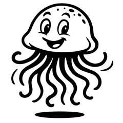 Monochrome vector illustration of a happy cartoon jellyfish with large eyes and a smile, ideal for themes of marine life, ocean, or whimsical creatures.