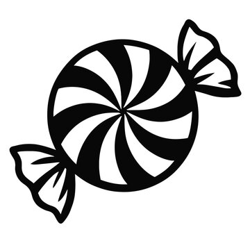 Monochrome vector illustration of a wrapped peppermint hard candy with swirl design, ideal for themes of sweets, treats, or holidays.