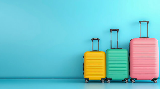 Stylish pastel travel luggage set featuring three colorful suitcases on minimalistic background perfect for packing tips travel blogs influencers and modern vacation planning guides