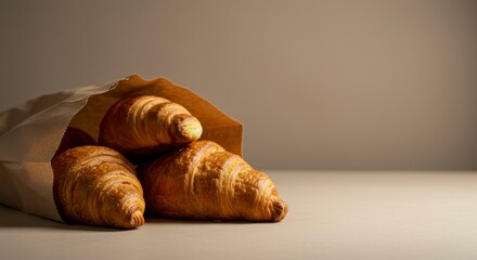 Three golden-brown croissants nestled in a simple brown paper bag, rest on a neutral surface