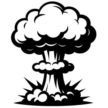 Monochrome vector illustration of a nuclear explosion mushroom cloud, ideal for themes of destruction, power, or war.