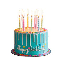 Festive Birthday Cake with Colorful Candles and Drips A Delicious Teal Treat