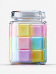 A glass jar filled with colorful cube shaped candies against a plain white background studio shot