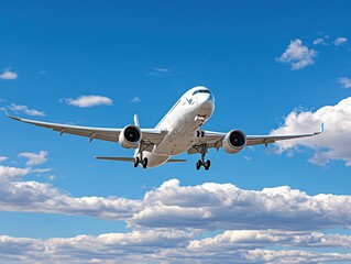 Obraz premium Airplane landing in serene sky with clouds during daytime