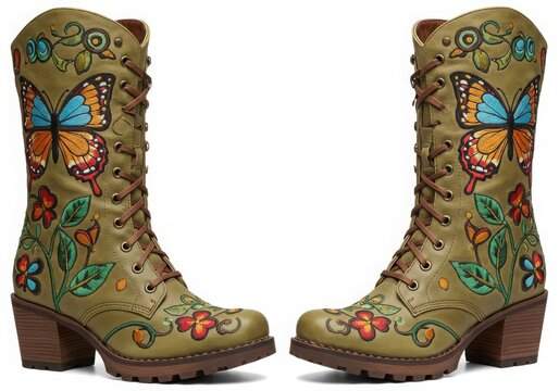 Pair of olive green boots decorated with butterflies and flowers - Powered by Adobe
