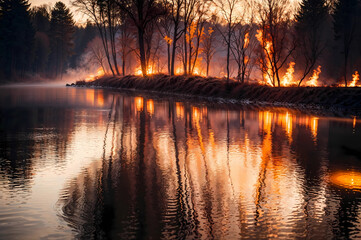 forest by river on fire