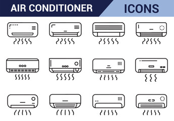 Air conditioning unit with cooling and airflow effects in line art.