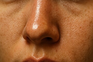 Close-up of oily skin with visible pores on the nose and cheeks — highlighting skin texture and common concerns like shine and enlarged pores.