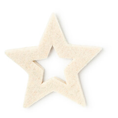 Christmas white star, fleece toy photography isolated on white background. Clipping path. Original shadow.