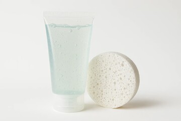 Minimalist image of clear gel skincare cleanser and white round sponge on light background, symbolizing fresh, clean beauty and self-care essentials.