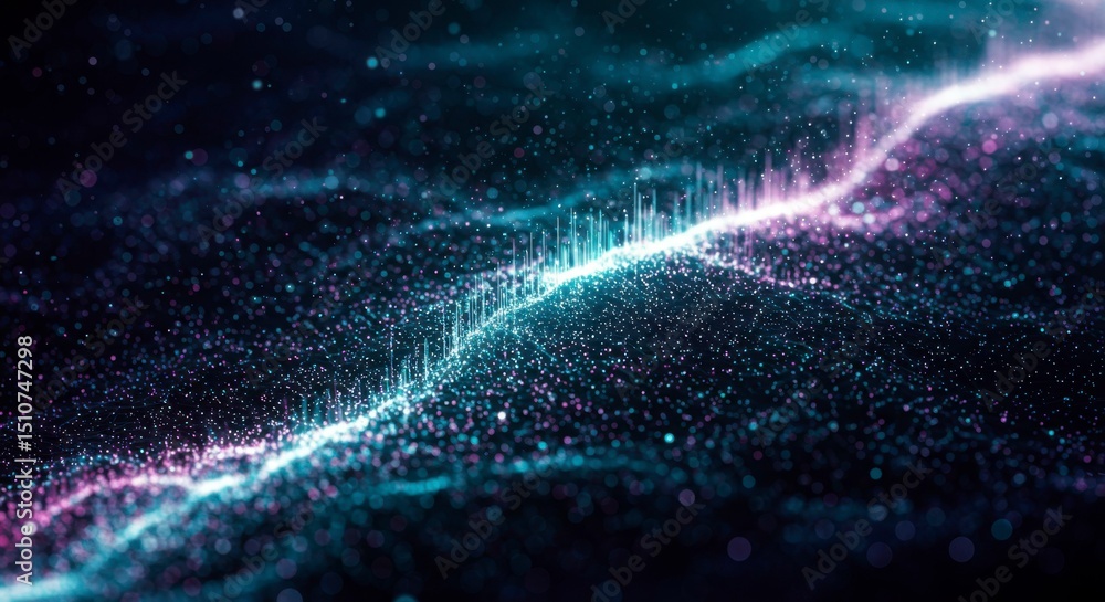 Poster abstract digital art depicting a luminous, wave-like structure composed of countless shimmering part