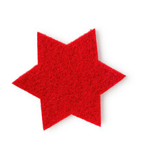 Christmas red star, fleece toy photography isolated on white background. Clipping path. Original shadow.