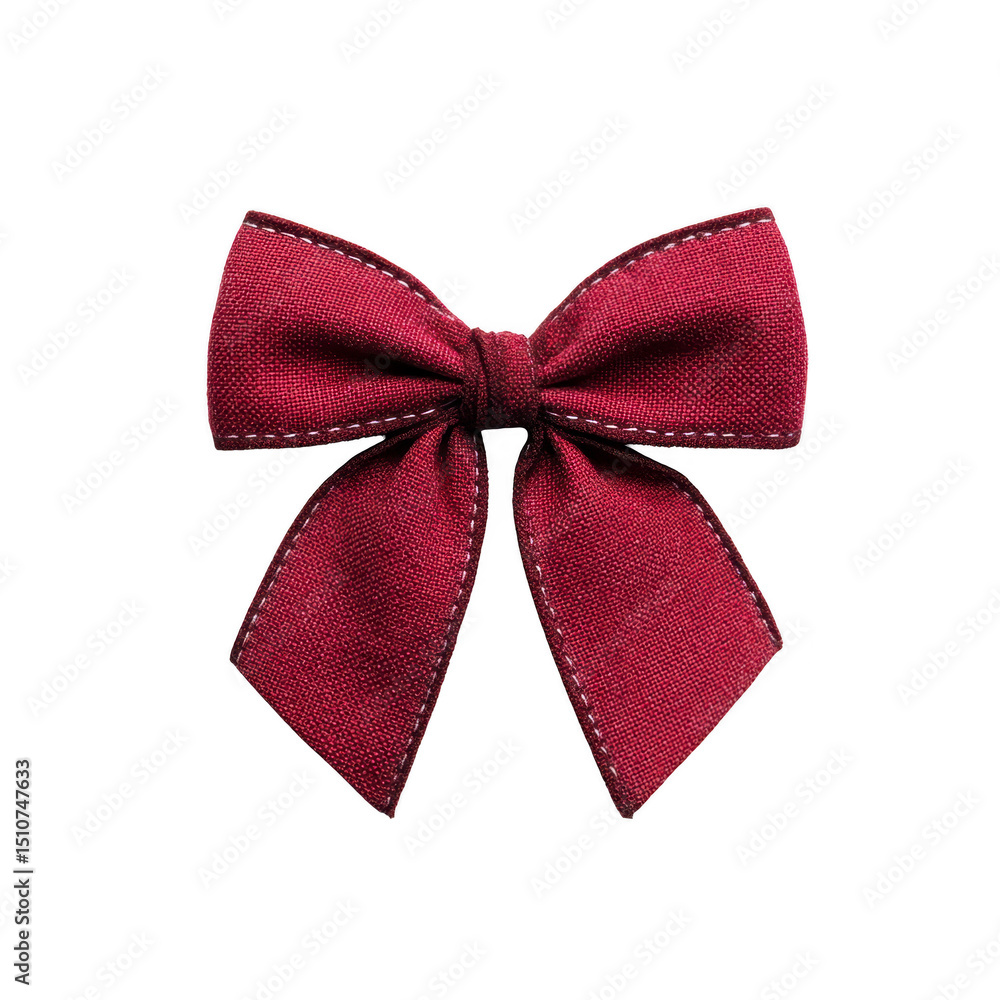 Poster red fabric bow with textured appearance, featuring symmetrical design and visible stitching, isolate