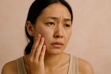 Asian Woman with dry, peeling skin on her cheek gently touching face, highlighting skincare concerns such as dehydration, irritation, or eczema on neutral background.