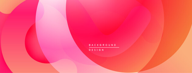 Abstract background features overlapping shapes, gradients. Pink, red hues dominate design, creating modern aesthetic.