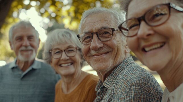 Group of happy elderly people bonding outdoors at the park - Old people in the age of 60, 70, 80 having fun and spending time together, concepts about elderly, seniority and wellness aging