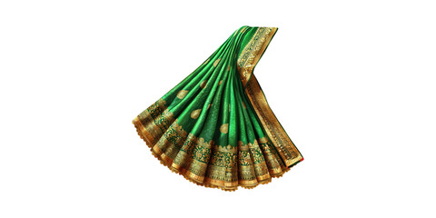 Green Silk Saree With Intricate Gold Embroidery. Traditional Indian Attire For Festive Occasions Isolated On Transparent Background