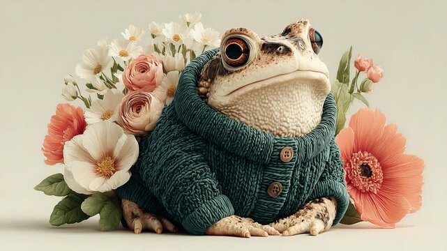 Charming Frog Portrait: A Whimsical Scene with Flowers and a Cozy Sweater Adorned