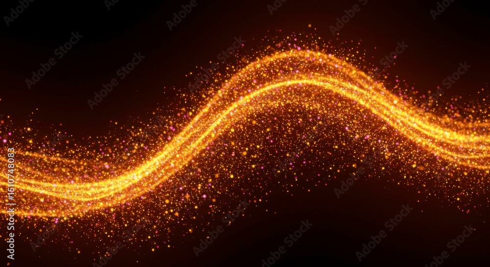 Poster golden glitter wave flows across dark background, creating a sparkling, elegant, and dynamic visual 