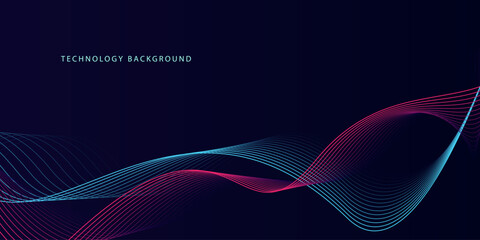 Abstract glowing wave lines on dark blue background. Dynamic wave pattern. Modern flowing wavy lines. Futuristic technology concept. Suit for banner, poster, cover, brochure, flyer, website
