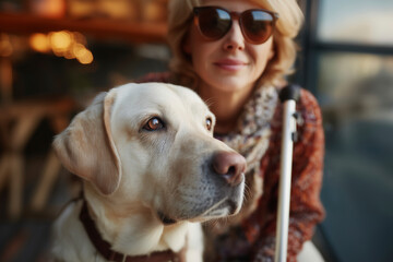 A heartwarming portrait of a visually impaired woman and her loyal Labrador guide dog. This image captures a beautiful moment of companionship and trust between human and animal.