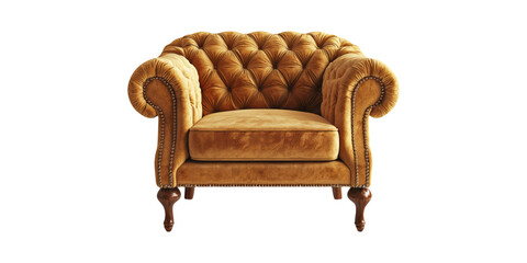 Luxurious Vintage Chesterfield Armchair In Rich Brown Velvet. Classic Design And Comfort Isolated On Transparent Background