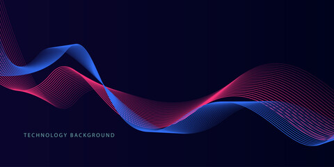 Abstract glowing wave lines on dark blue background. Dynamic wave pattern. Modern flowing wavy lines. Futuristic technology concept. Suit for banner, poster, cover, brochure, flyer, website