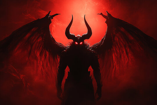A winged demon with long horns and glowing eyes silhouette - Powered by Adobe